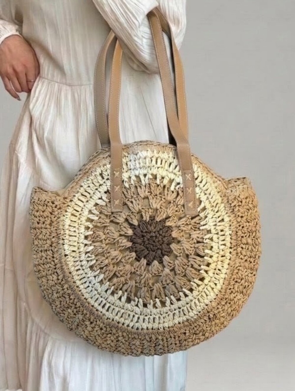 Boho Woven Straw Mandala Tote Bag Round Crochet Shoulder Bag Neutral Cream Tan